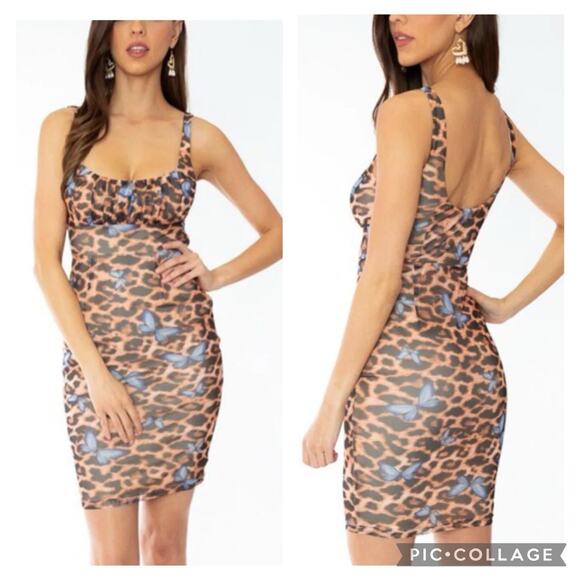 Saints + Secrets New Leopard Butterfly Print Mesh Bodycon Mini Dress XS Summer - Picture 1 of 14
